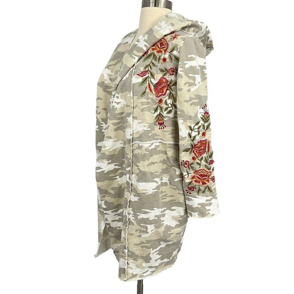 Athleta Caite Size XS Hooded Duster Beige Gray Camo Floral Embroidery Open Front - Picture 4 of 11